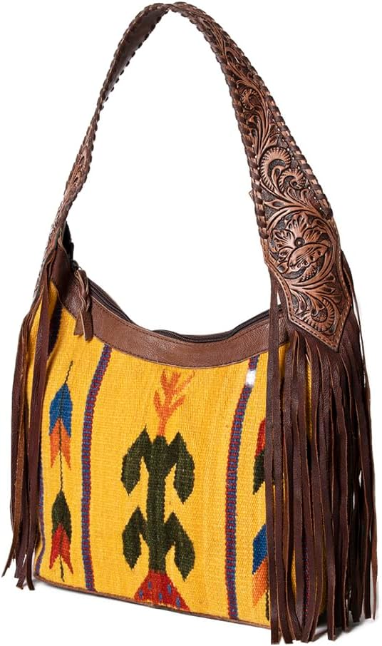 American Darling Hobo Bag for Women, Hand Tooled Floral Leather & Hair-On Cowhide Western Purse with Fringes & YKK Zipper