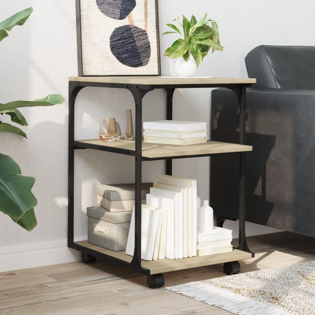 Tavolo per stampante con ruote, vassoio per stampante stabile, 3 ripiani, rovere Sonoma, 43 x 48 x 64 cm, in legno con telaio in acciaio, supporto per stampante mobile da ufficio con 4 ruote