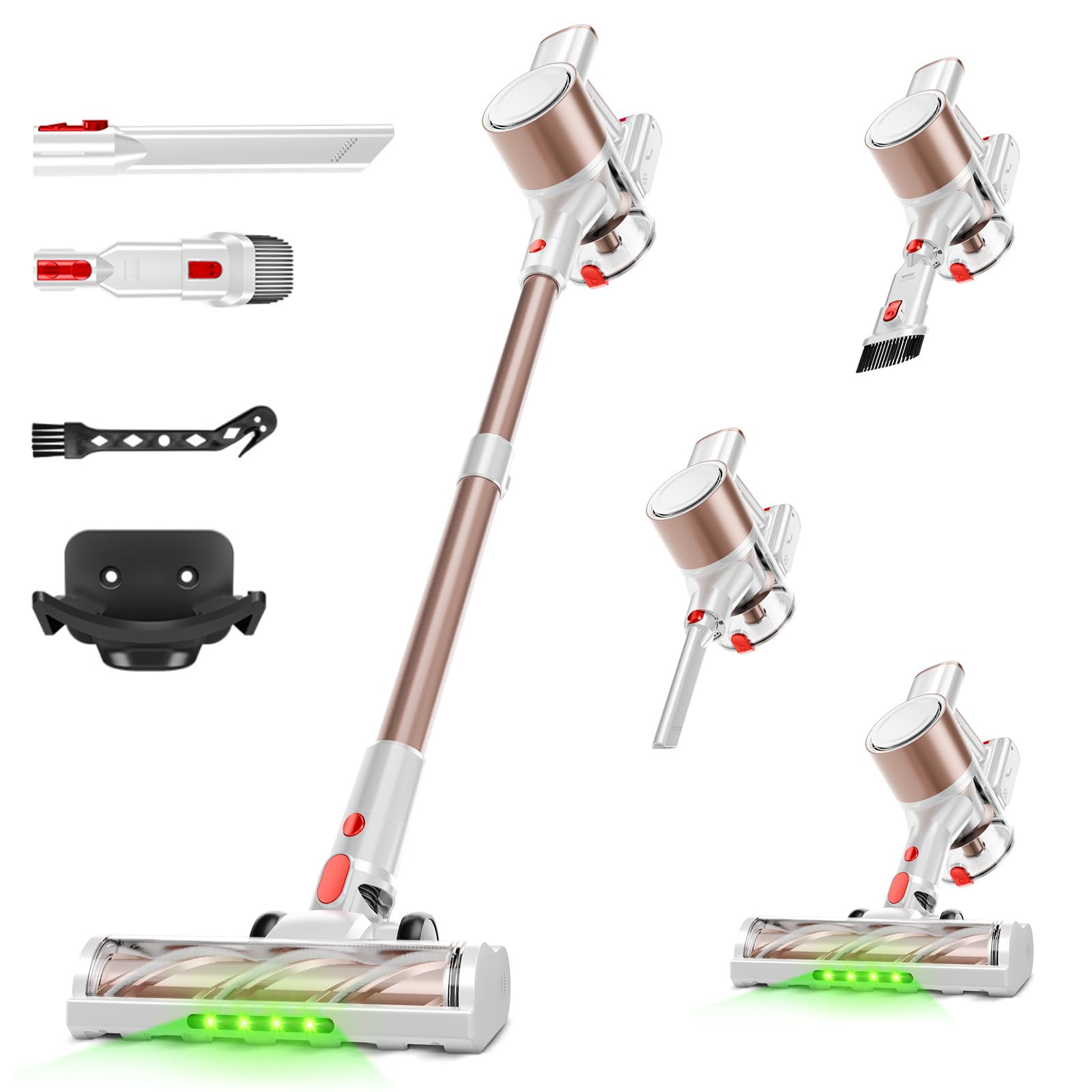 Cordless Vacuum Cleaner, 500W/40Kpa Vacuum Cleaners for Home, Stick Vacuum Cordless with LED Display, Anti-Tangle & Wall Mount, 8 in 1 Lightweight Vacuum for Hard Floors Pet Hair(Gold)