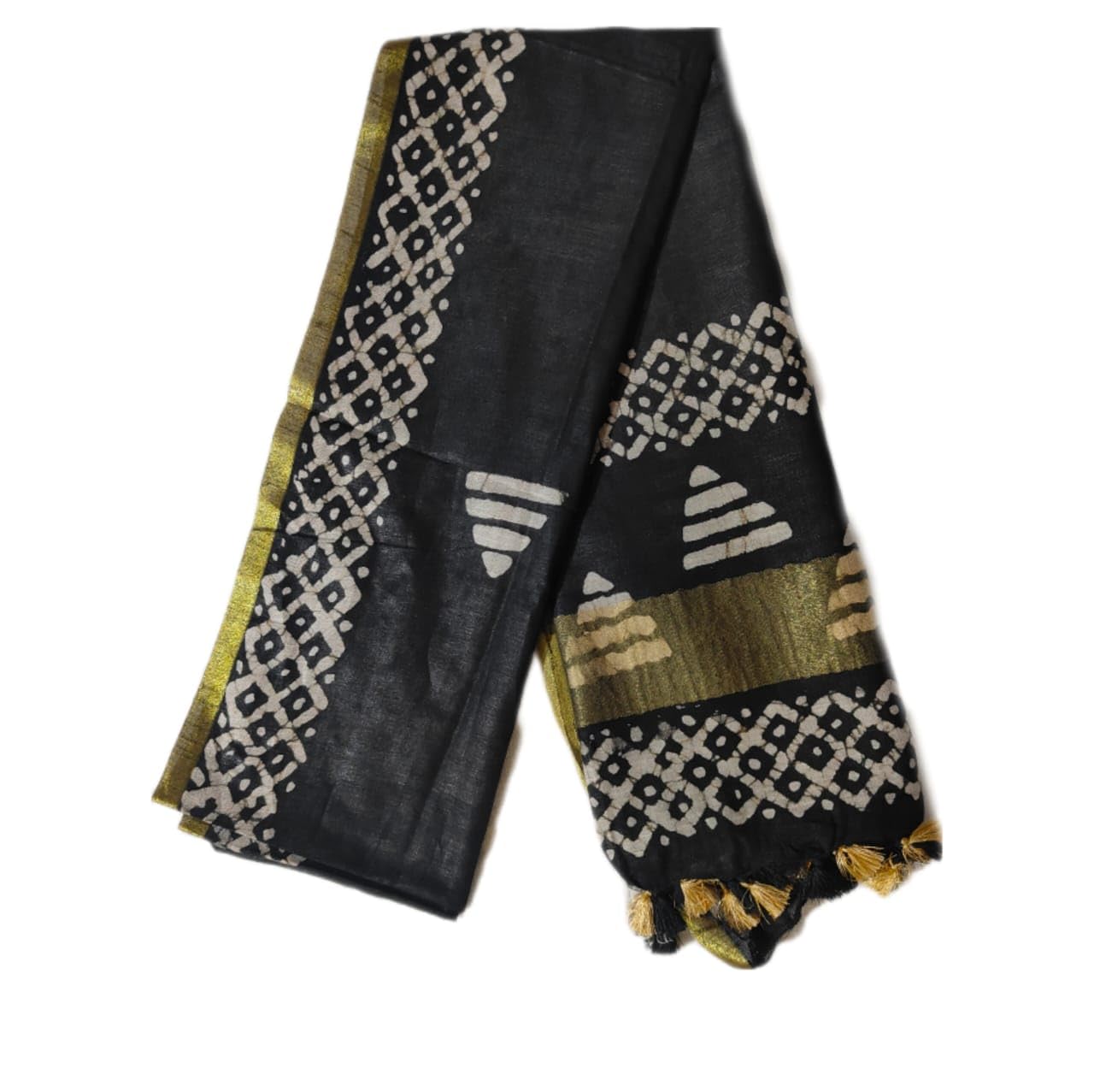 Traditional Block Print Cotton Linen Dupatta, Geometric Pattern with Gold Border-image-29