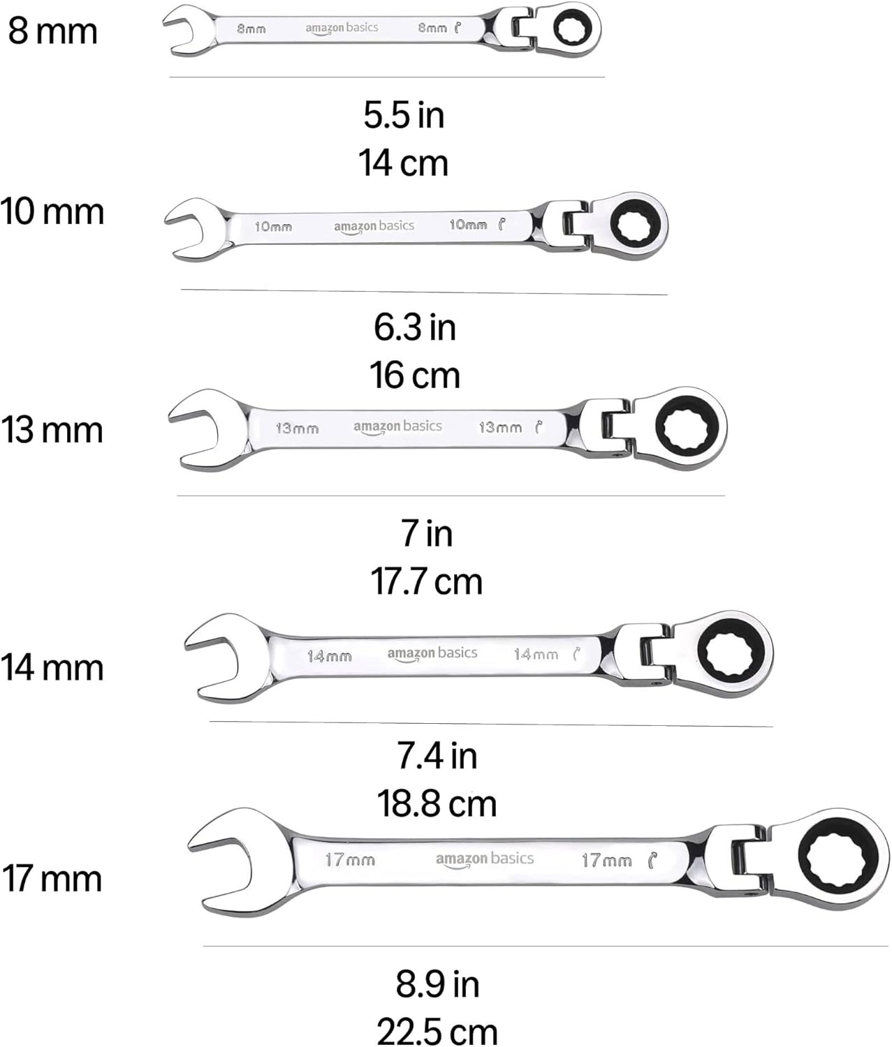 Amazon Basics 72-Tooth Ratcheting Combination Wrench Set, Chrome Vanadium Steel Flex Head, 5-Piece Metric, 180° Flexible