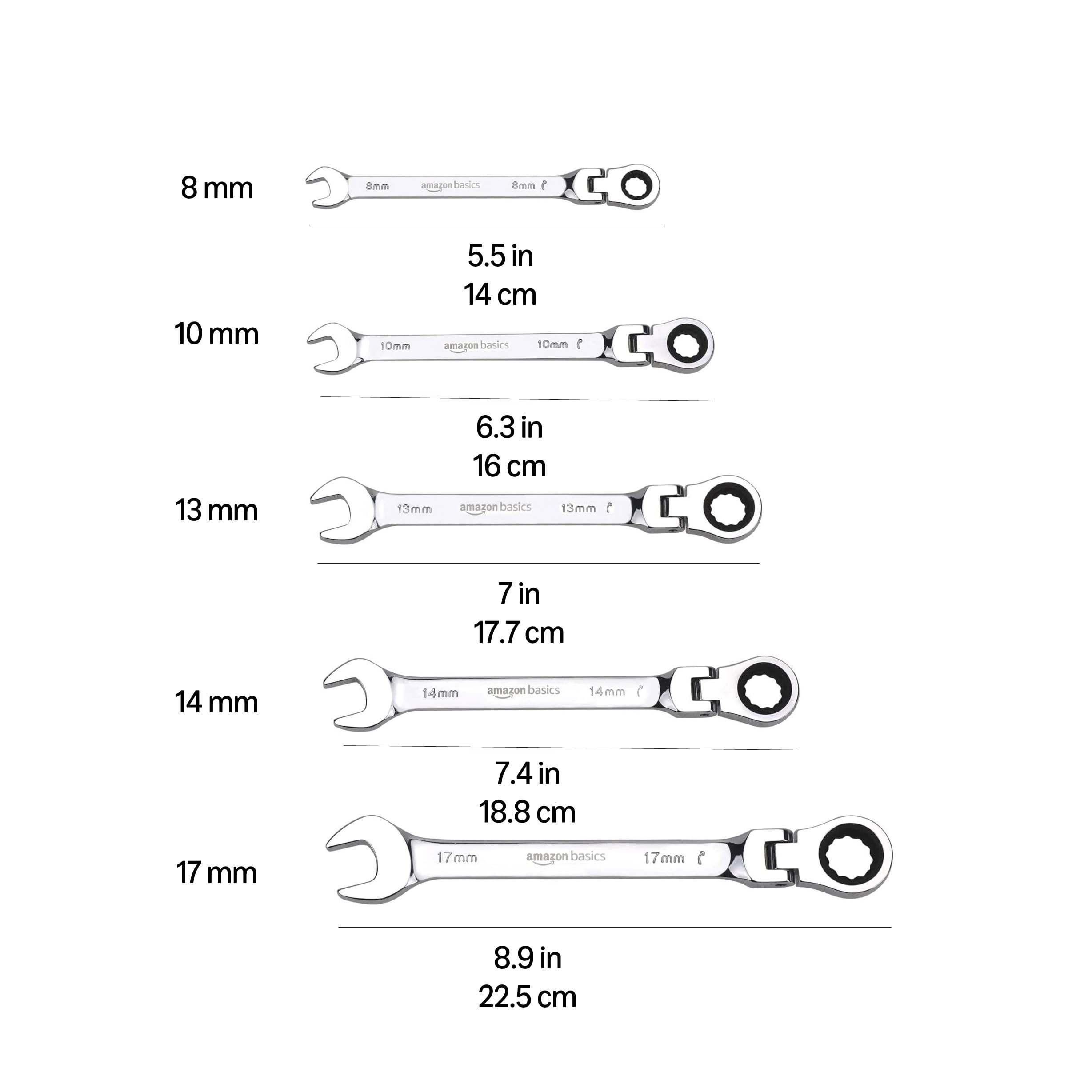 Amazon Basics Zestaw kluczy grzechotkowych, elastyczny, metryczny, 5-częściowy, 8mm, 10mm, 13mm, 14mm, and 17mm