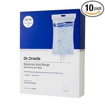 DR.ORACLE Hyaluronic Acid Recipe Moisturizing Blue Mask Deep Hydration Face Mask with 8 Types of Hyaluronic Acid for Dry & Dehydrated Skin, Korean Skincare, 10 Sheets