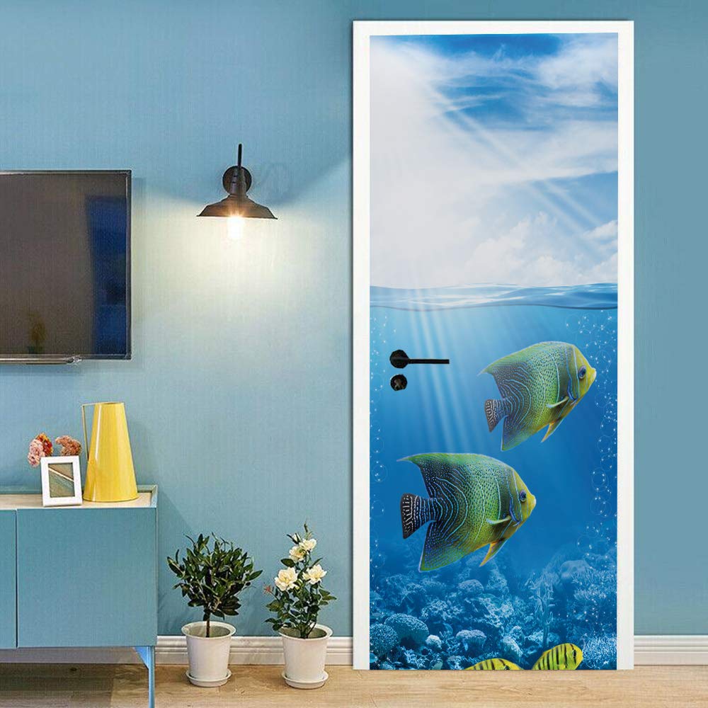 Sticker de porte poisson océan 88x200cm trompe l'oeil imperméable