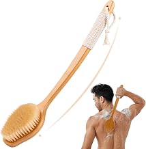 Bamboo Back Scrubber, Stiff Natural Boar Bristles Body Scrubber Back Brush | Curved Long Handle for Shower, Deep Cleansing & Exfoliating, Shower Brush with Anti-Slip Grip Wet or Dry Brushing Lather Well
