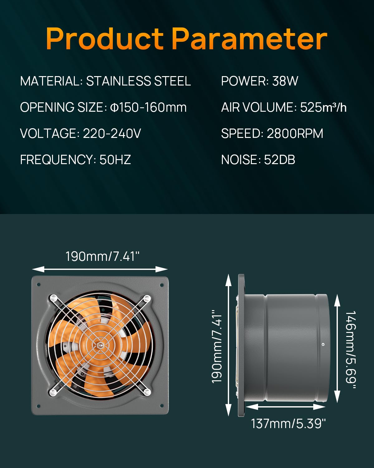 HG Power Extracteur d'air 150mm Ventilateur Mural 535m³/h Clapet Anti-Retour Métallique EU Plug Gris