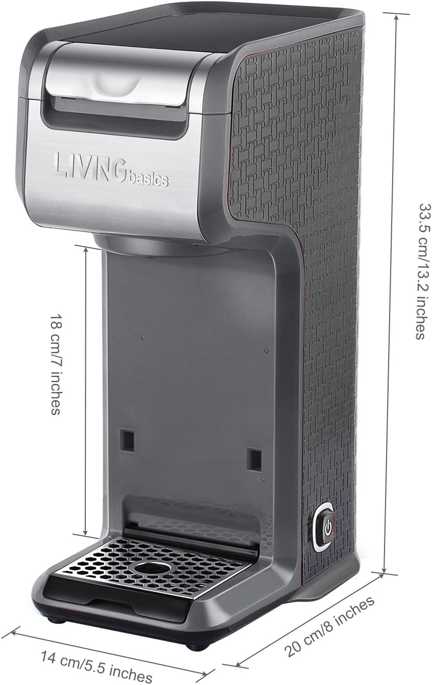 Diagram showing the labeled components of the LIVINGbasics 2-in-1 Single Serve Coffee Maker, including water tank, brew basket, and lid.