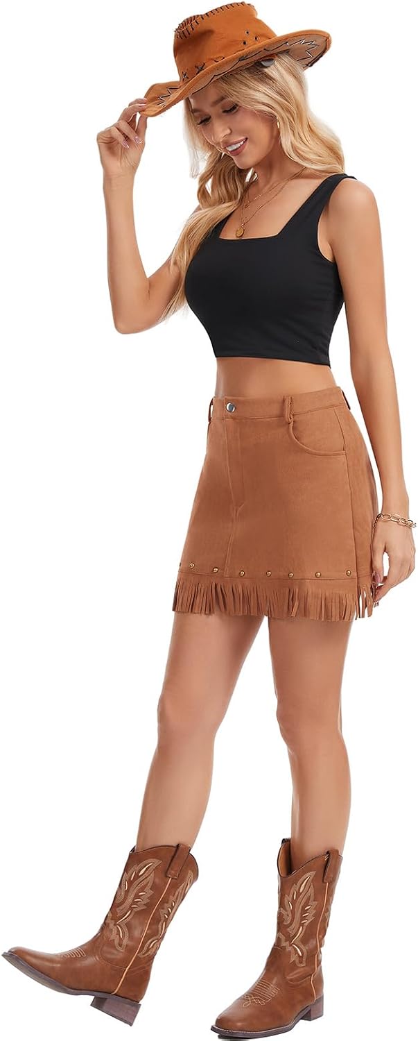 Women's Western Cowgirl Fringe Skirt, Faux Suede High-Waisted Skirt, for Country Music Festivals, Rodeos and Carnivals