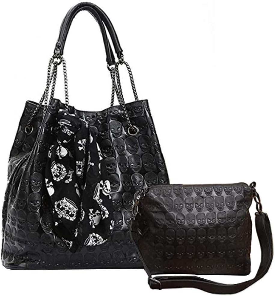 Women 2Pcs Handbag Purse Skull Top Handle Shoulder Bag PU Totes Satchel