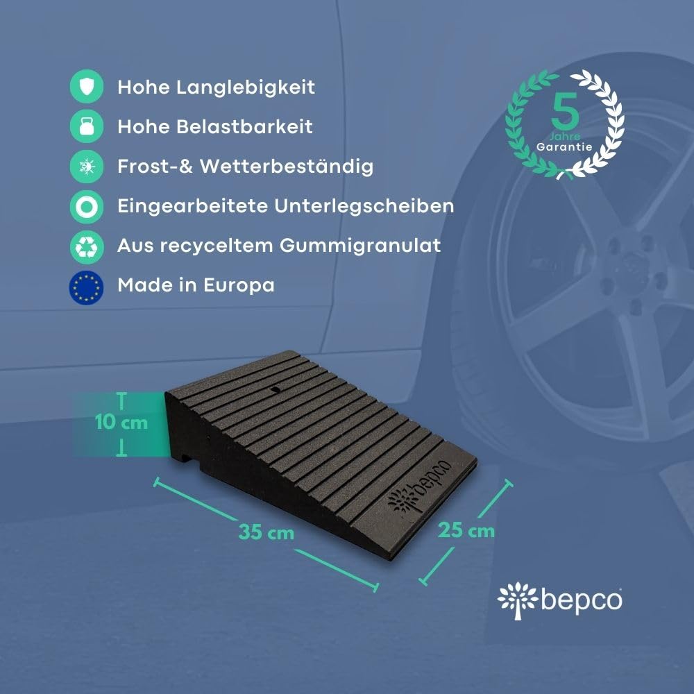 bepco Premium Fahrrad- & Scooter-Rampe 2er-Set - aus recycletem Gummi - Auffahrrampe, Türschwellenrampe mit eingelagerten Unterlegscheiben zum anschrauben (ohne Befestigung, 10 cm)