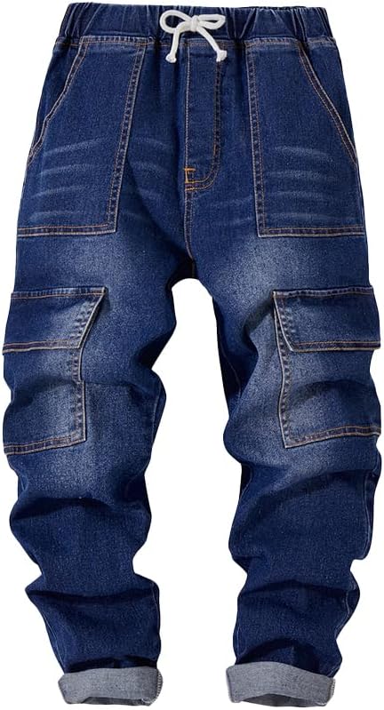 Nivne Tco Tween Boys Jeans Fashion Casual Bow Decor Stretch Skinny Elastic Waist Blue Denim Pants with 6 Pockets