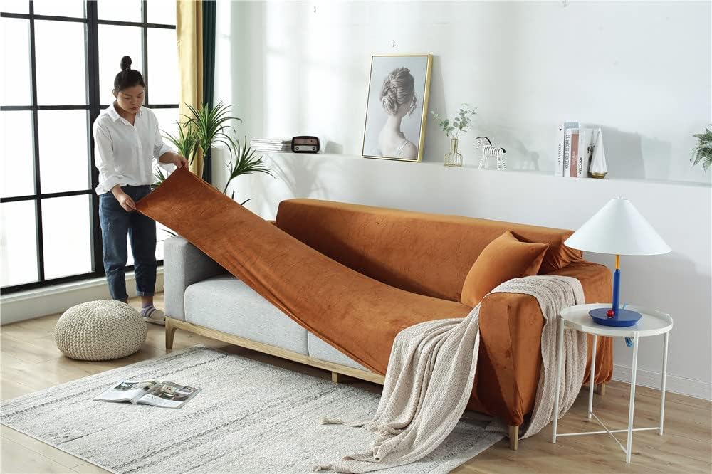 One Piece Velvety Flexible Fit Sofa Slip Cover, Solid Color Elastic Loveseat Furniture Protection Couch Wrap, Non Slip Loveseat Covers for Living Room Caramel 35"-55"