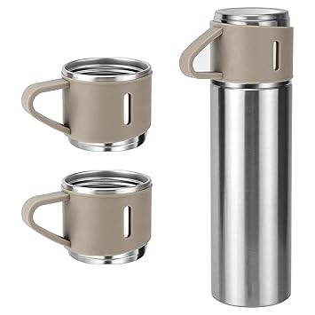 SHIVMYRA Stainless Steel Vacuum Flask Travel Mug Thermos Cup Double Wall 500ml Insulated Bottle Water with Three Cups Hot & Cold Housewarming Welcome Kit Christmas Secret Santa Gift (Silver)
