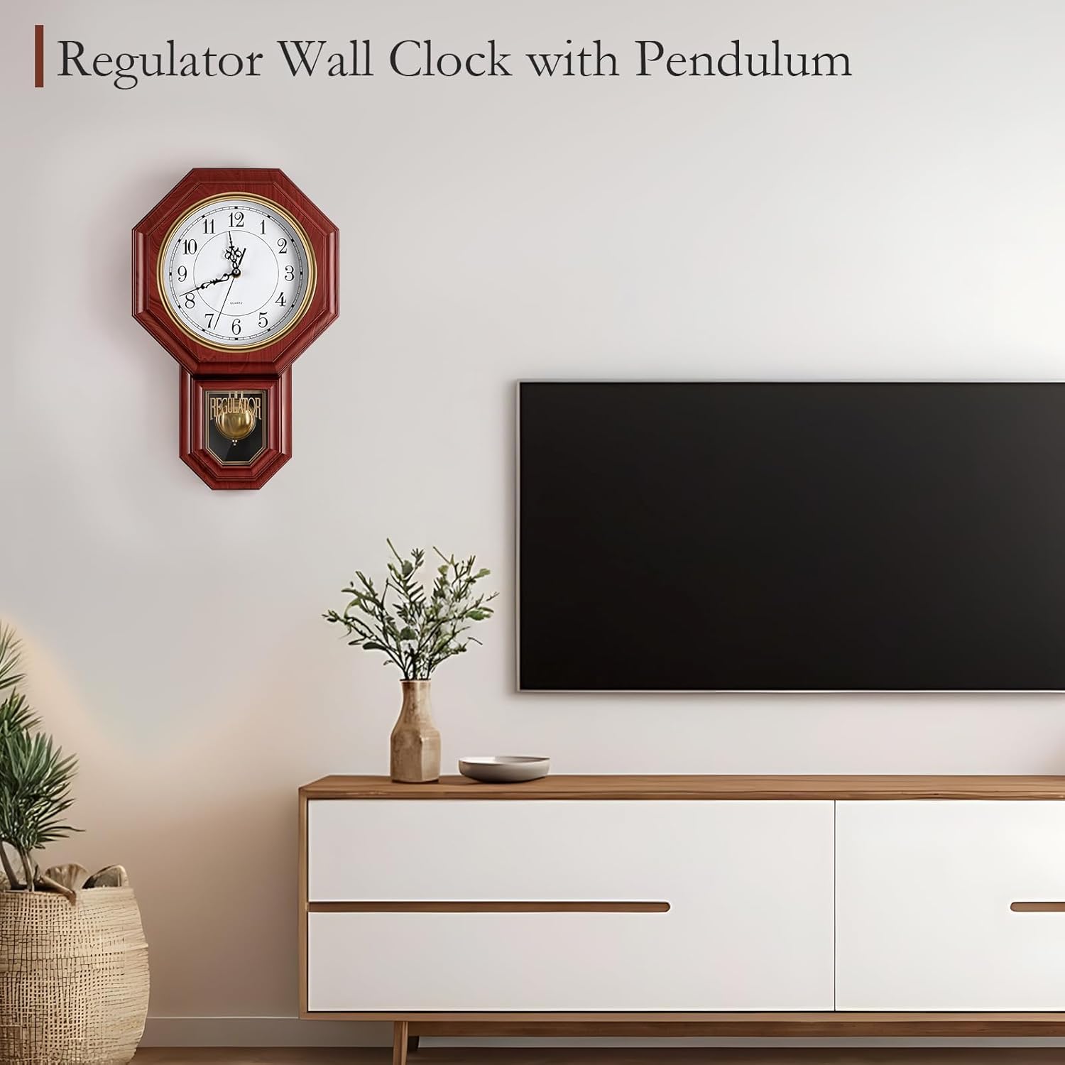 Regulator Wall Clock with Pendulum,Imitation Red Wood Plastic Wall Clock Battery Operated,Vintage Decorative Wall Clocks for Living Room,Farmhouse,Office,Bedroom,Kitchen,Wall Decor