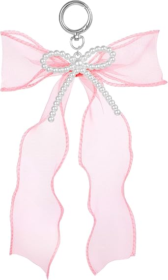 Pink Bow Keychain with Pearl,Bow Bag Charm-Cute Keychain Charms Purse Charms for Women Ribbon Car Key Chain Accessories Christmas Gifts