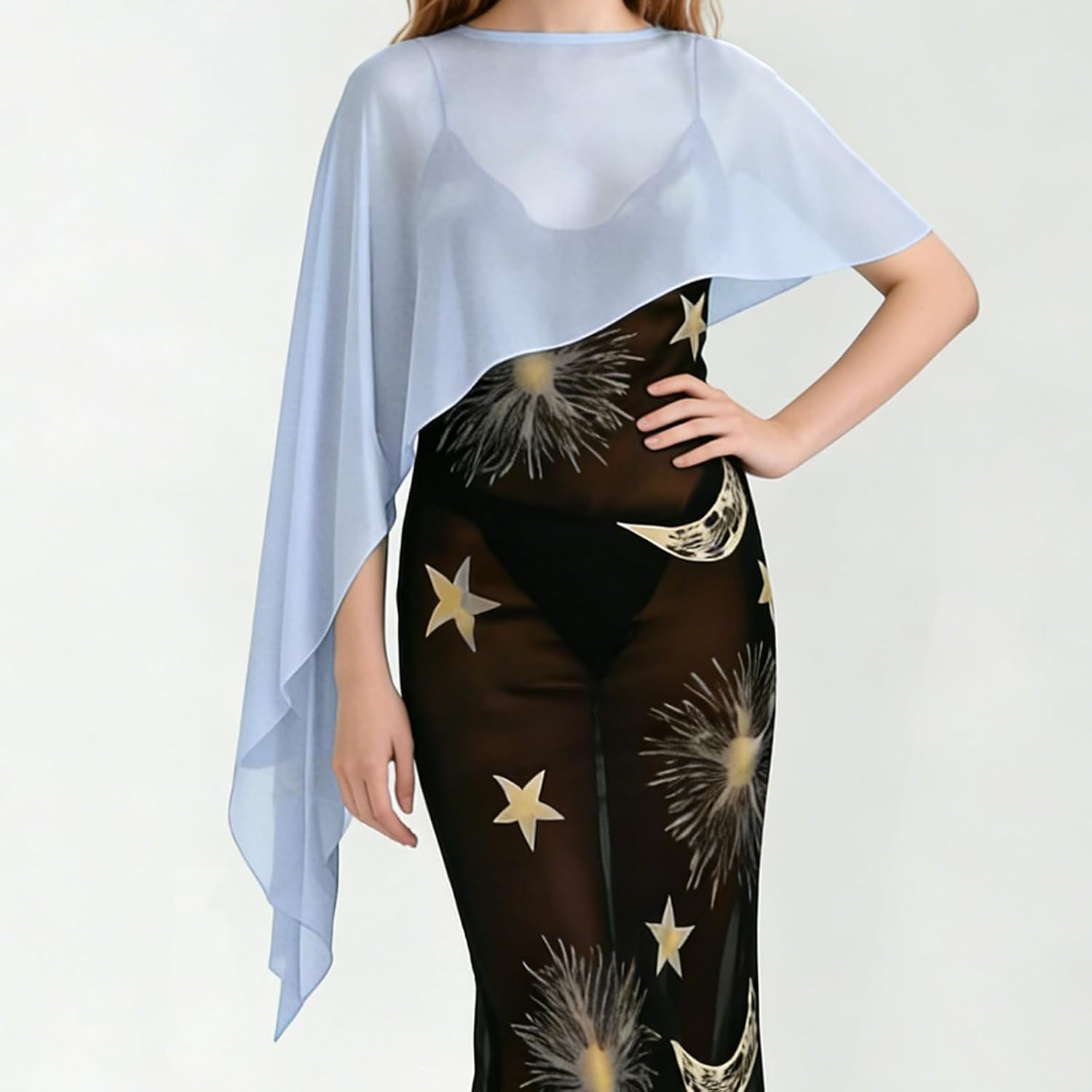 Women Sheer Mesh Poncho Shawl Chiffon Irregular Hem Cover-up Tops image 3