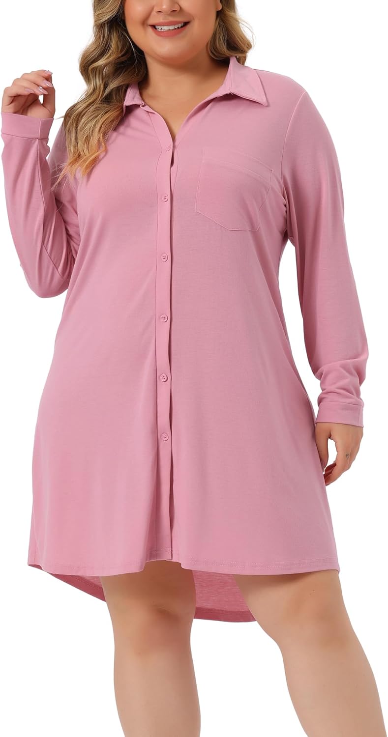 Agnes Orinda Plus Size Nightshirt for Women Long Sleeve Button Down Nightgown V-Neck Sleepwear Pajama Dress - Image 2