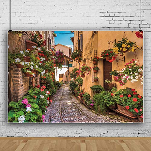 Qinunipoto 背景布 ヨーロッパの風景 黄色い建物 花 春 2.1m x 1.5m 背景紙 撮影 背景 写真 人物撮影 写真の背景 背景ボード 撮影用背景布 小道具 実家写真館 写真背景布 ビニール 撮影布 ヨーロッパ風の町