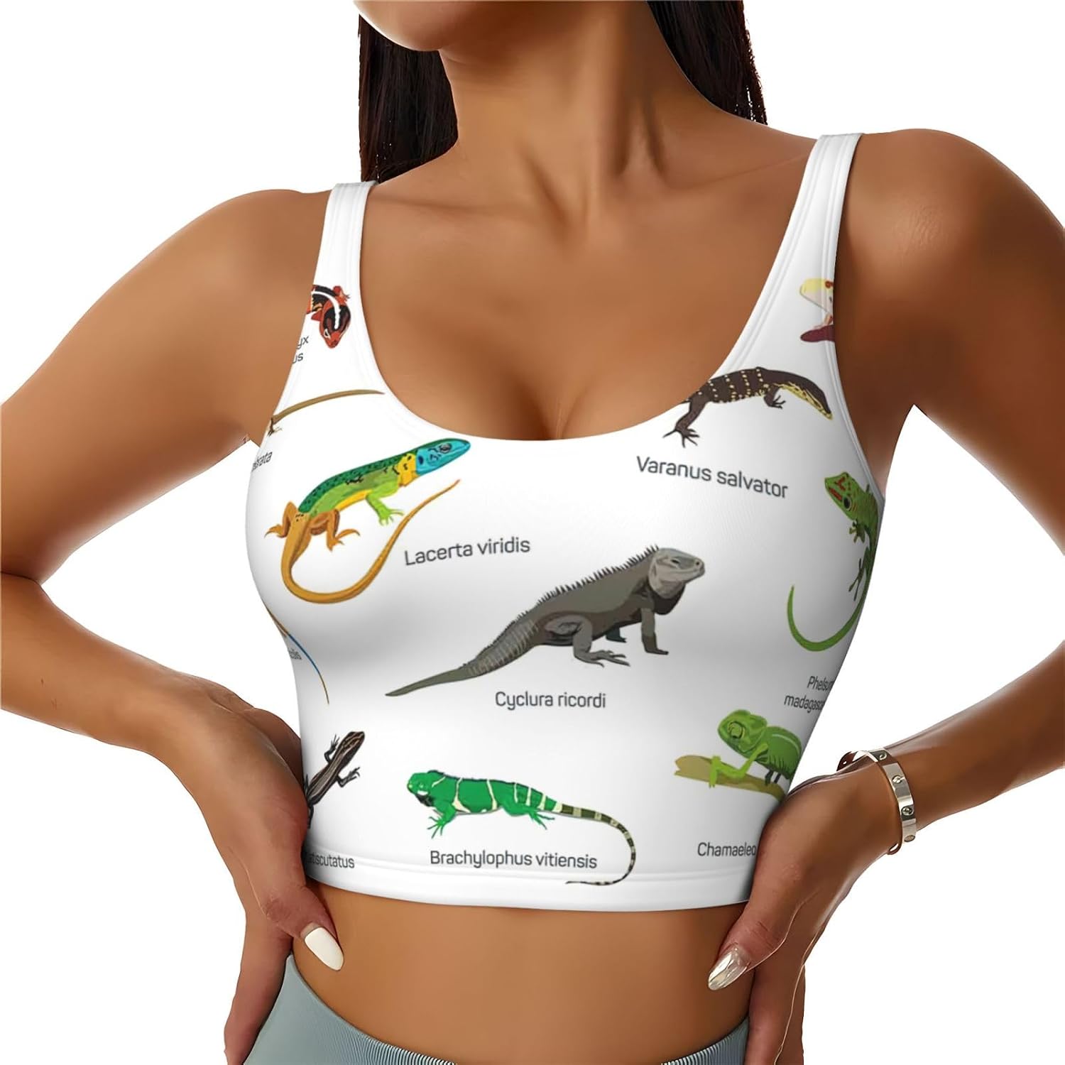 Different Types of Lizard Print Women's Strappy Sports Bra, Stretch Gym Bras U Neck Yoga Tops, Comfort Seamless Bra