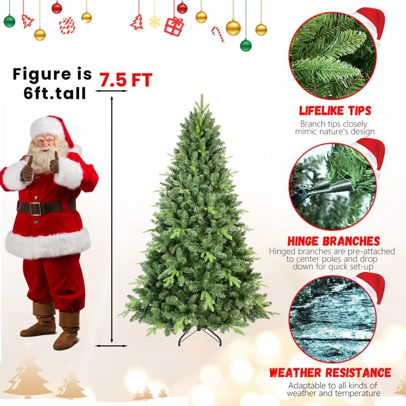 7.5FT Classic Christmas Tree with 2155 PE+PVC Tips – Realistic Hinged Branches, Easy Assembly, Stable Metal Stand, Full Natural Look for Holiday Decorating