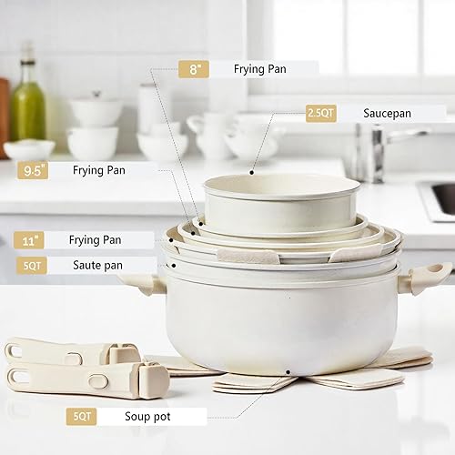 Miniatura 9 de Bonnlo Juego de 22 ollas y sartenes antiadherentes con tapas, juego de utensilios de cocina con mango desmontable que incluye cacerola, sartén para