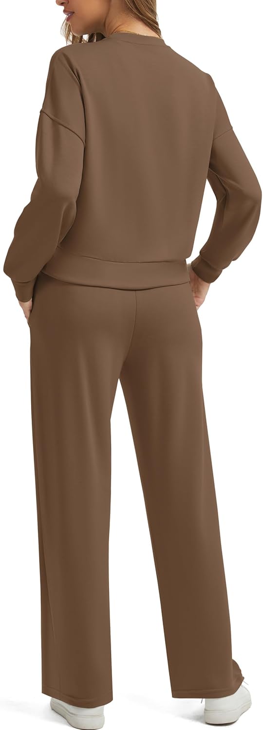 Womens Sweatsuits 2 Piece Sets 2026 Spring Travel Vacation Outfits Long Sleeve Wide Leg Pants Lounge Sets - Image 3