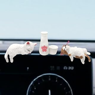 Mini Cute Drunken Cat and Sake Bottle Car Accessories, Fun Cat Dashboard Decorations for Women Girls, Car Interior Decor for Rearview Mirror Ornaments & Desk