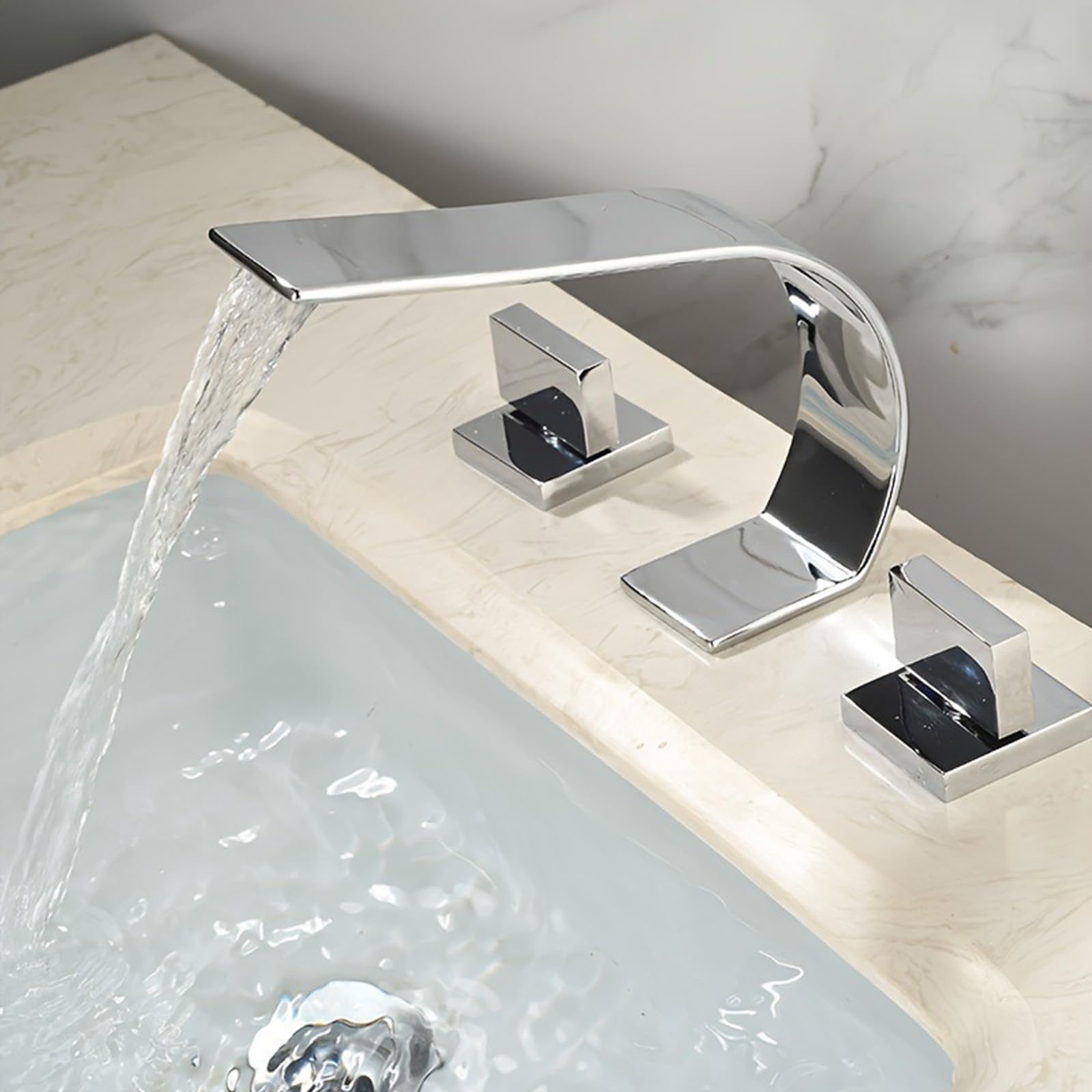 Rubinetto Bagno Miscelatore Lavabo Miscelatore per Lavabo 3 Fori Cascata 2 Maniglie Ottone Rubinetto da Bagno 3 Fori Cromato