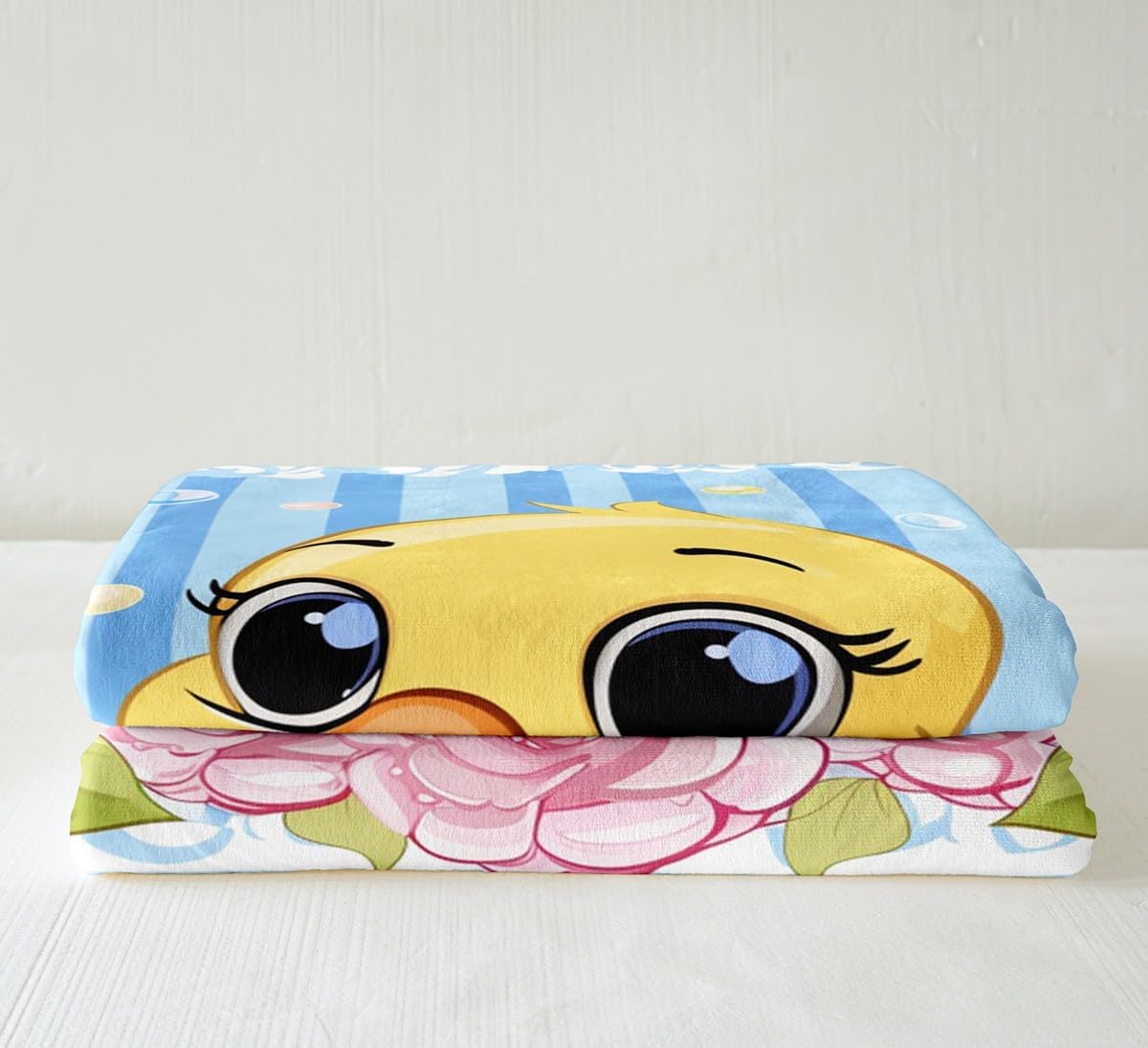 Erosebridal Kids Duck Blanket Pink Rose Floral Flower Throw Blanket for Bed, Duck in Bathtub Fleece Blanket Blue Stripe Sherpa Flannel, Boys Girls Animal Theme Fuzzy Blankets
