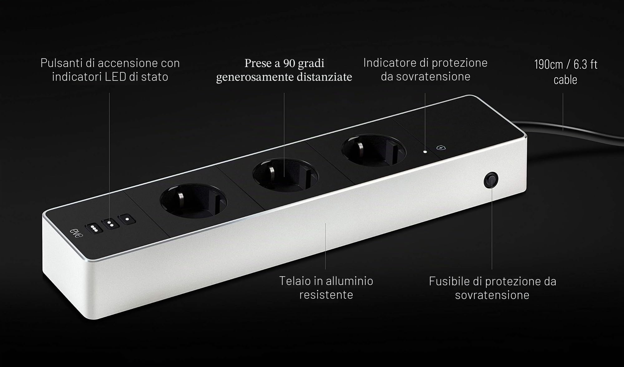 Eve Energy Strip - Presa tripla intelligente e misuratore di energia con protezione da sovratensione e sovracorrente e tecnologia Apple HomeKit