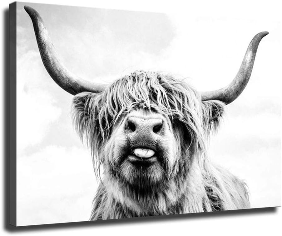 Wall Art Highland Cow Picture Art Print Canvas Home Room Decor Animal Cattle Bull Poster Mural -5 (24x36inch-Framed,style2)