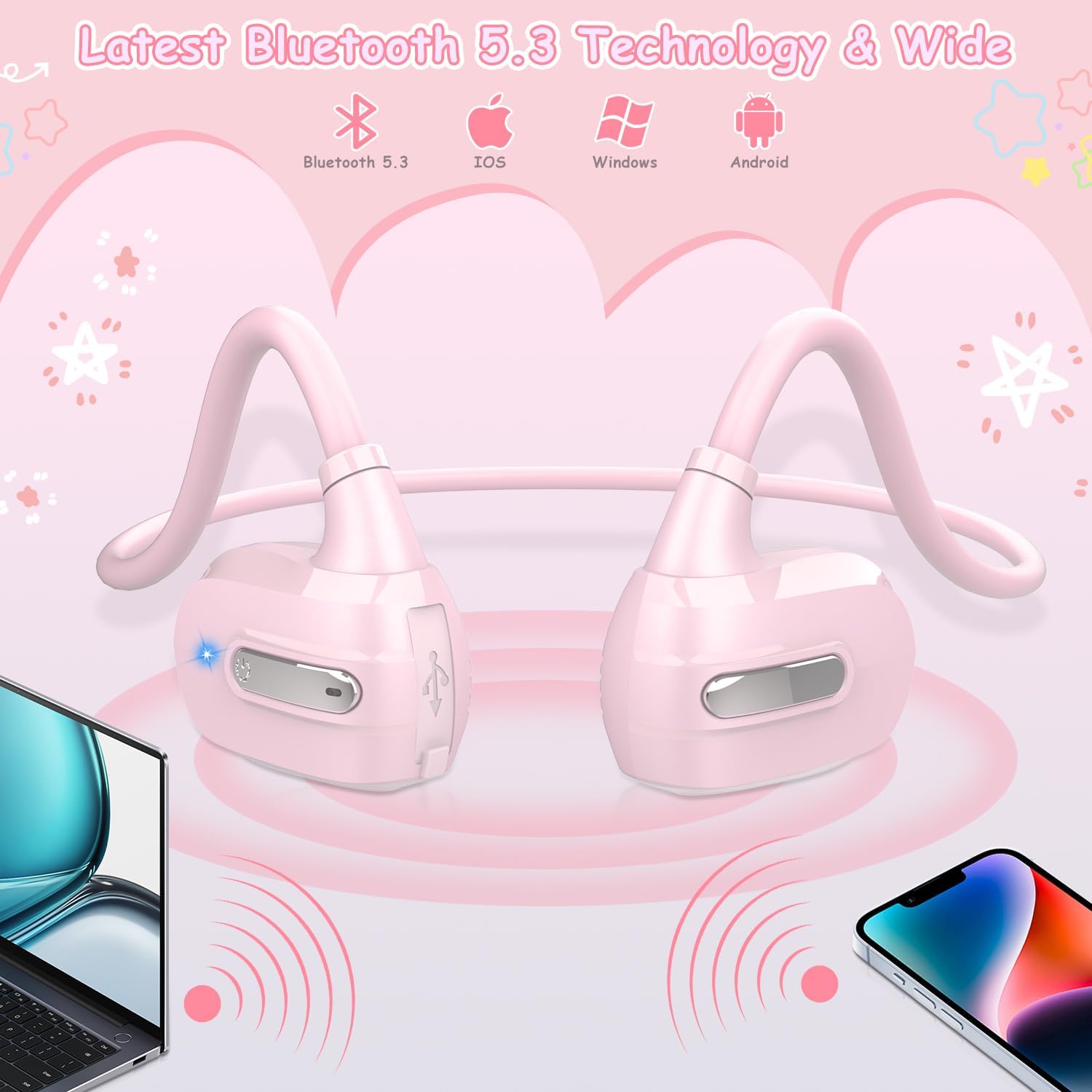 Golvery Open Ear Kids Headphones, Wireless Bluetooth 5.3 Headset for Phone/Kindle/Tablet, Safer Hearing Protection Children Earphones, Built-in Mic, Ultra-Light & Comfort Fit, 10H Playtime-Pink - Image 4