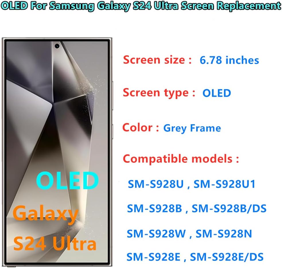 OLED Galaxy S24 Ultra LCD Screen Replacement for Samsung Galaxy S24Ultra 5G Display Touch Screen Digitizer SM-S928U SM-S928U1 Support Fingerprint S-Pen (with Grey Frame+Back Cover Adhesive+Tools)