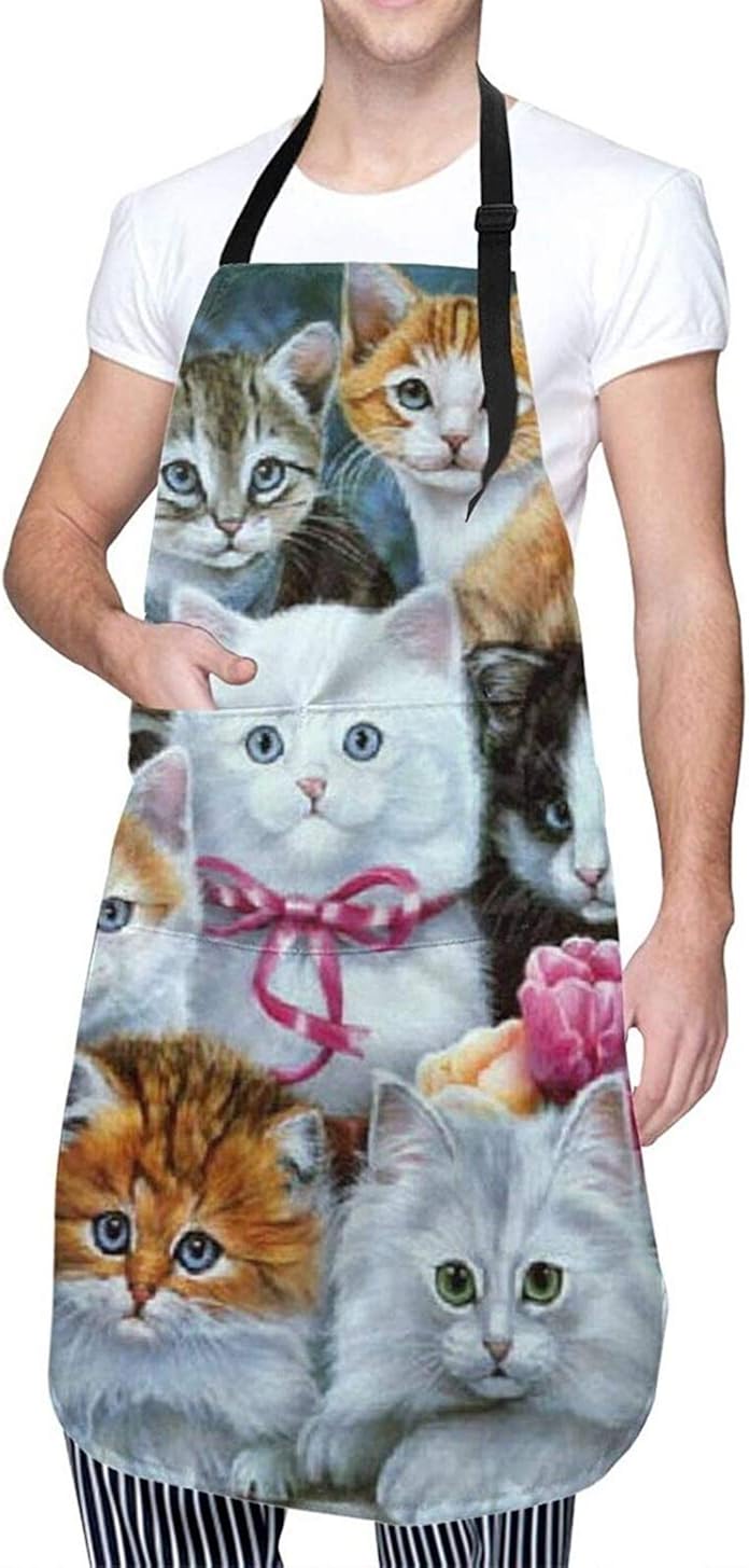 Cute Small Cat Waterproof Kitchen Apron Adjustable Aprons With 2