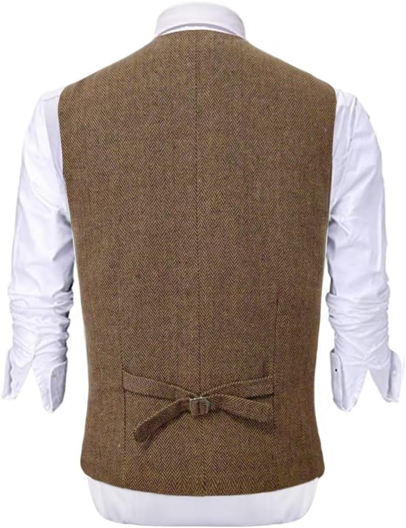 Mens Vintage Tweed Suit Vest V Neck Casual Wool Waistcoat for Wedding Groomsmen Men's Formal Vest - Image 6