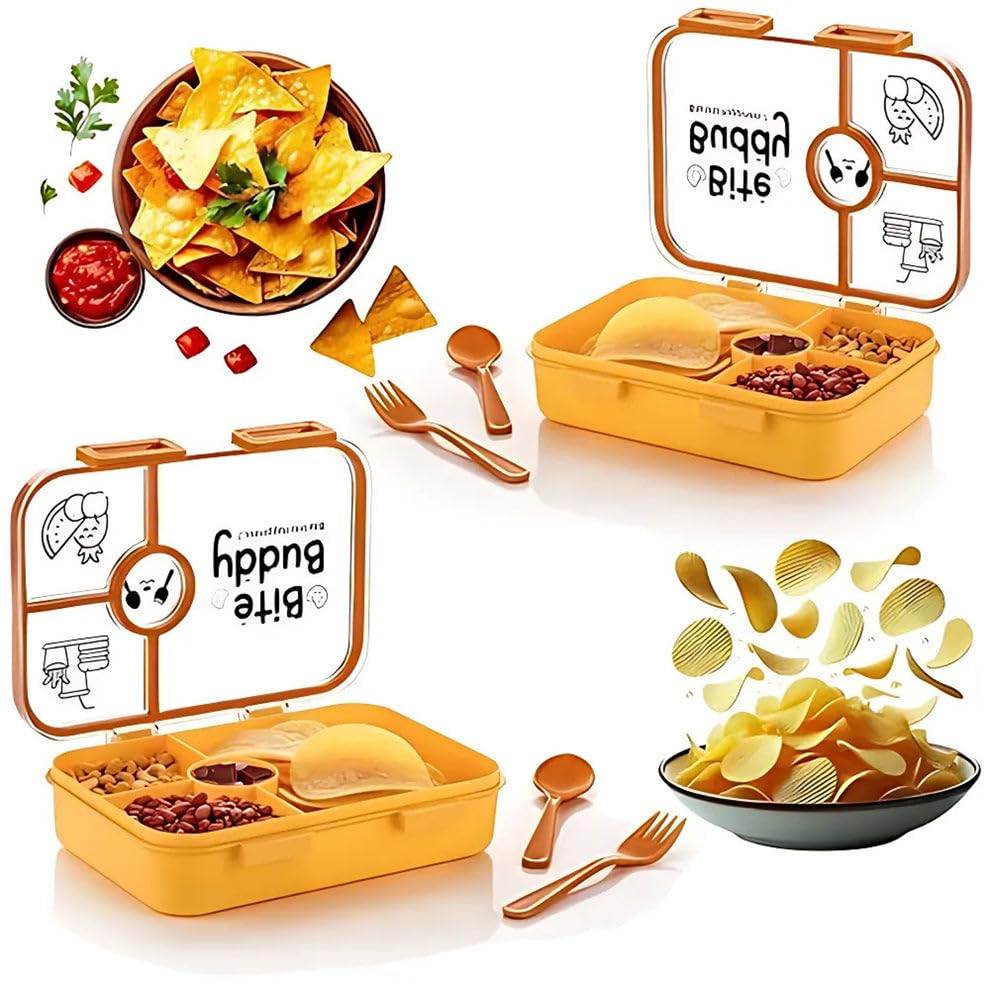 Image of Bite Buddy 4 Compartment Leak Resistant Plastic Lunch Box with Spoon Fork Office School Travel Tiffin Food Storage Daily Meal Organizer