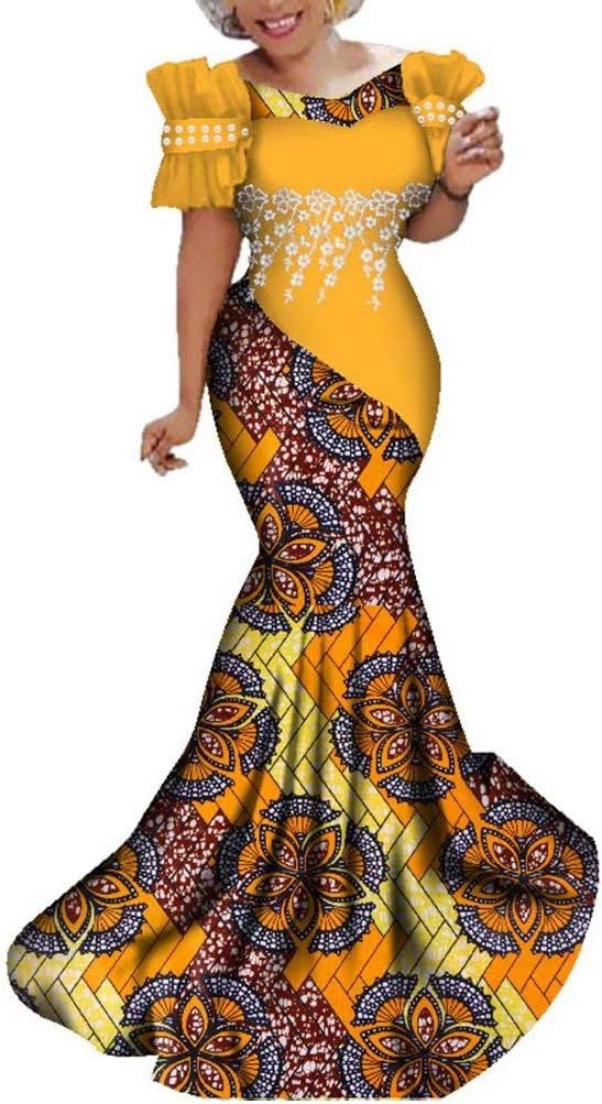 iooiooiWomens Elegant Ankara Maxi Mermaid Dress Lace Decorated African Gowns
