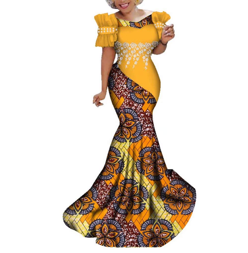 iooiooiWomens Elegant Ankara Maxi Mermaid Dress Lace Decorated African Gowns