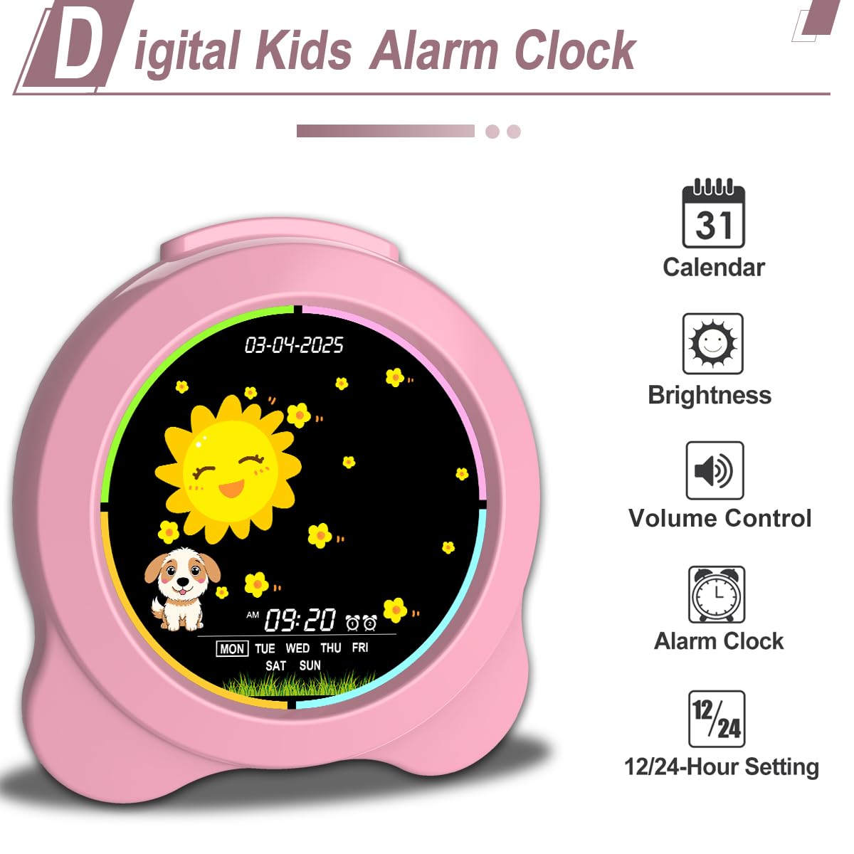 Kinderwecker Sonne & Mond LED-Anzeige mit Tag & Datum OK to Wake Uhr mit Nachtlicht für Kinder Kinder Schlaftrainer Geschenk für Jungen und Mädchen (Rosa)