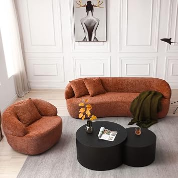 Luxury Modern Curved Sofa with Round Swivel Accent Sofa Chair 2-Piece Set, Back Upholstered Boucle Fabric Couch with 3 Throw Pillows for Living Room, Office, Apartment, Orange