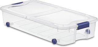 Flat clear under-bed storage bin with casters and center-hinged lid