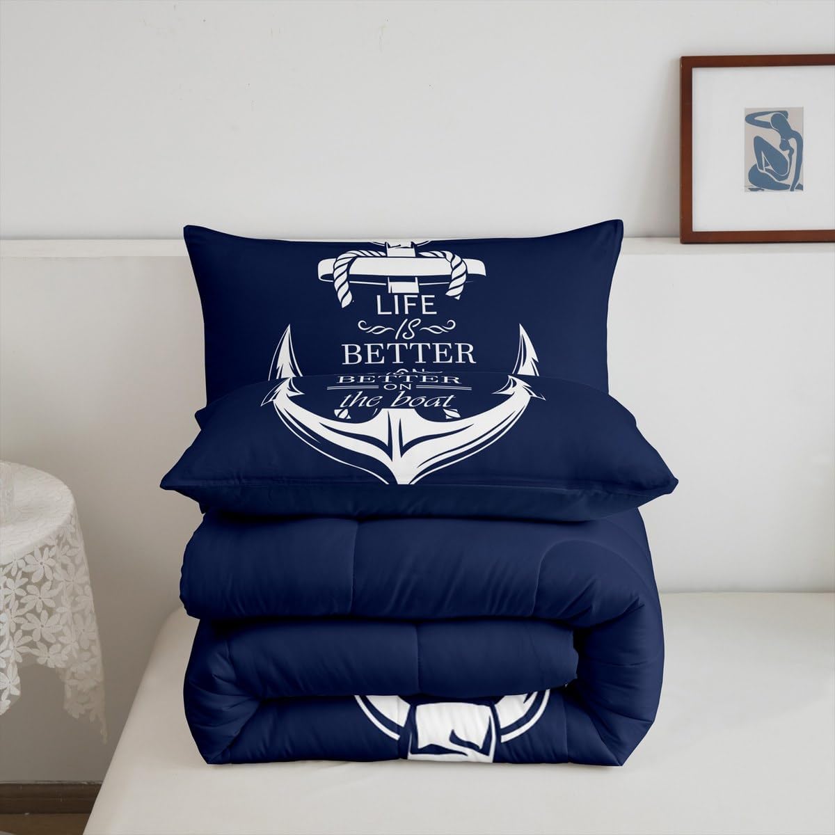 Castle Fairy Nautical Anchor Comforter Set Twin Size,Boat Life Themed Art Anchor Print Bedding Set for Kids Boys Men,Blue Ocean Themed Navy Quilted Duvet Set with 1 Pillowcase