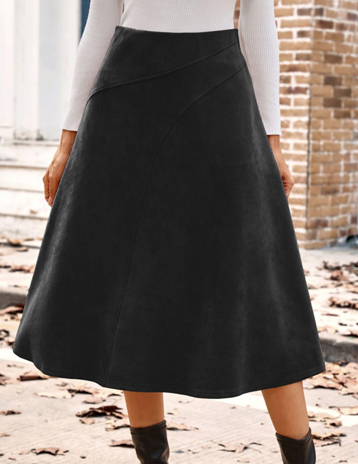 Kate Kasin 2025 Gonne in pelle scamosciata da donna, gonna a trapezio a vita alta, gonna midi autunno inverno | Elastico in vita, cerniera nascosta sul retro, comodo abbigliamento in finta pelle scamosciata