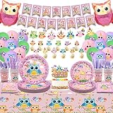 KEFAN Owl Birthday Party Decorations, Cute Owl Theme Party Tableware Kit including Banner, Plates, N