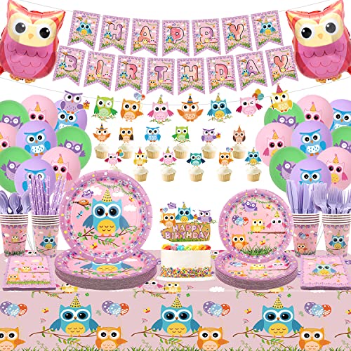 Kefan Owl Birthday Party Decorations, Cute Owl Theme Party Tableware Kit Including Banner, Plates, Napkins, Tablecloths, Balloons, Tableware, Owl Party Supplies For Kids Birthday Baby Shower, Serves 20 (B) #TOP16