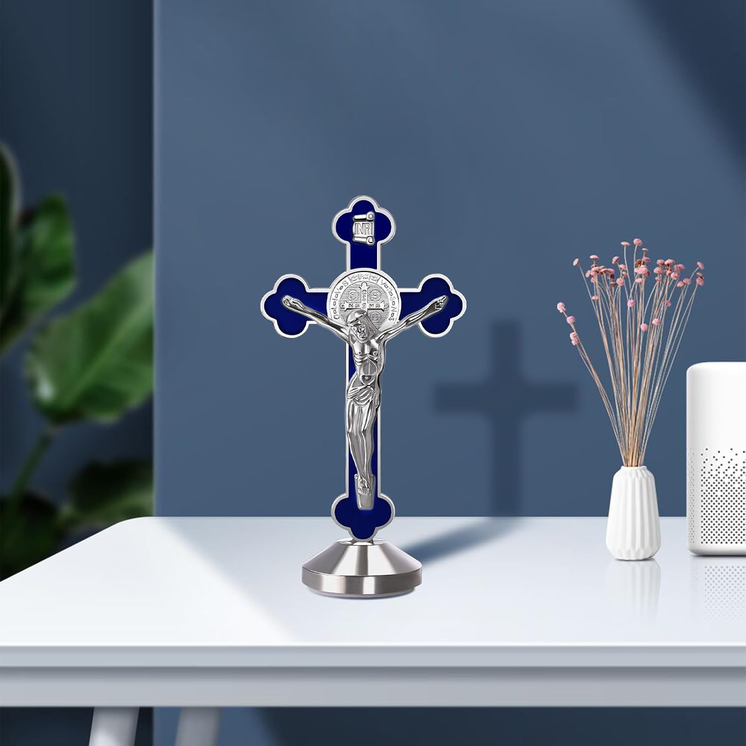 2 Pieces 3 Inch Metal Enamel Standing Crucifix Glow in The Dark Saint Benedict Medal Crucifix Wall Cross Religious Gifts,Sticker on bottom to stick on Table Top,Car or Home Altar (Blue)