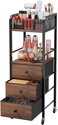 HapiRm Organizador de Carrito de Maquillaje Rodante - Almacenamiento de Maquillaje y Cuidado de la Piel de Piso con 3 Cajones de Tela No Tejida,