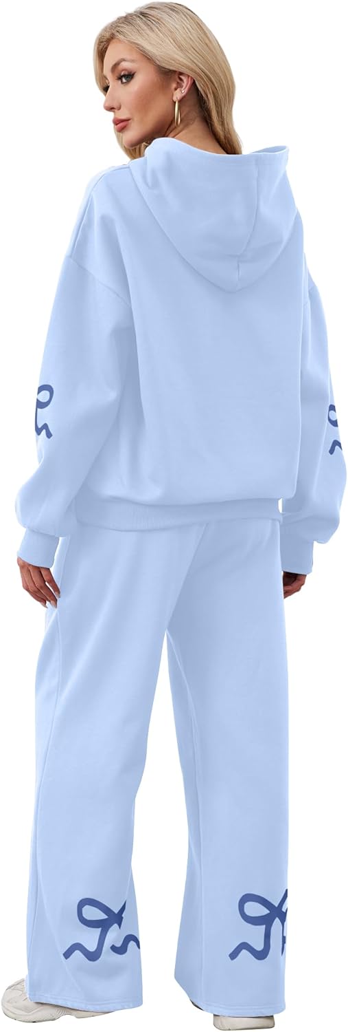 Womens 2 Piece Sweatsuits Bow Print Hoodies Sets Oversized Graphic Hoodie Wide Leg Sweatpants Fall Outfits - Image 3