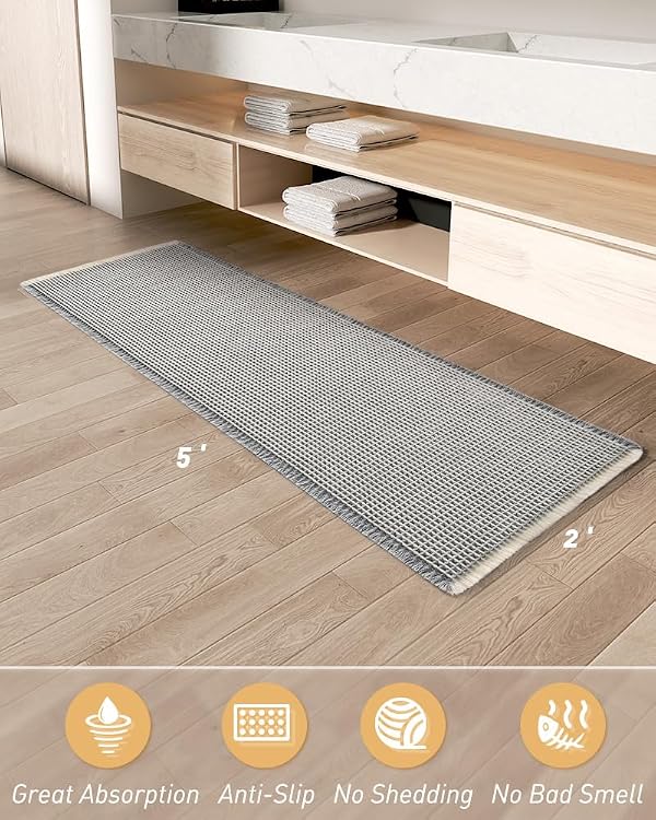 AMOAMI Upgraded Waffle Runner Rug Super Absorbent Non Slip Bath Mats for Bathroom Machine Washable Bathroom Runner Rug with Tassels, Ideal for Hallway Bedroom Laundry Room, 2' x 5', LightGrey & Cream by AMOAMI - Image 7