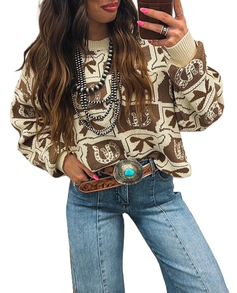 Women's Color Block Western Sweater Bows Horseshoes Print Crew Neck Long Sleeve Oversized Chunky Sweater